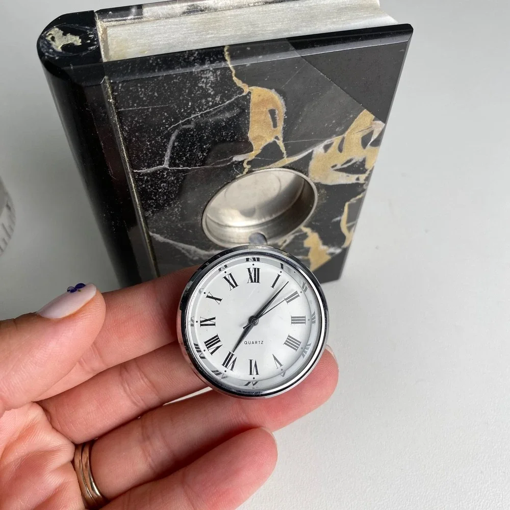 Vintage Marble Book Desk Clock Black Gold Veined Quartz Roman Numeral Office